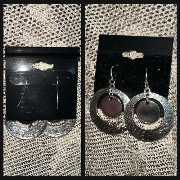 Elegant Silver Dangle Earrings Smooth Circle within textured circle - Picture 2 of 6